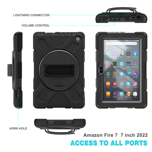 Amazon Kindle Fire 7 2022 Heavy Duty 360 Degree Rotate Stand Hand Strap Case - Polar Tech Australia