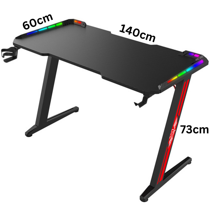 Cargue la imagen en el visor de la galería, Large Gaming Desk with RBG LED Lights Carbon Fiber Surface with Cup Holder &amp; Headphone Hook - Polar Tech Australia
