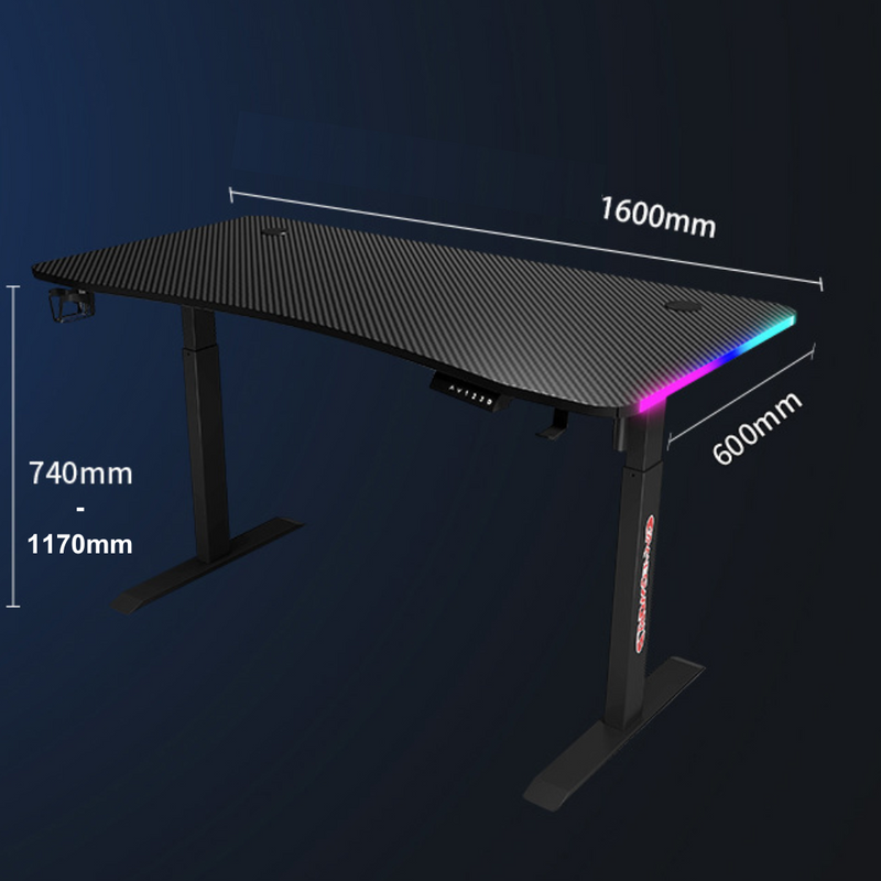 Chargez l&#39;image dans la visionneuse de la galerie, [Motorized Adjustable] Large Gaming Desk Table with RBG LED Lights Carbon Fiber Surface with Cup Holder &amp; Headphone Hook - Polar Tech Australia
