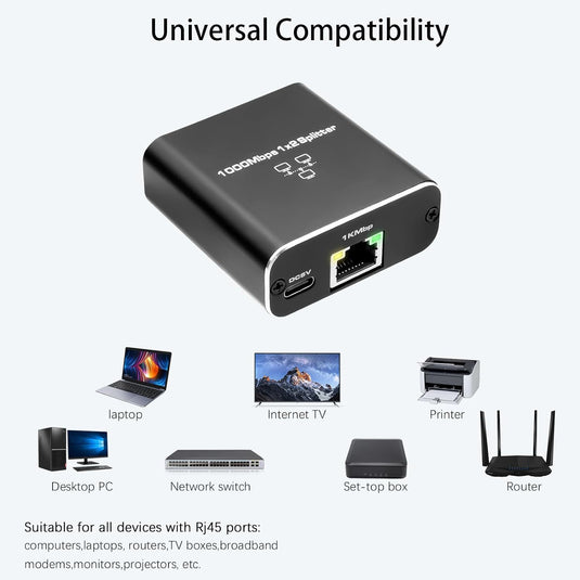 3 Ports Ethernet RJ45 Splitter 1 In / 2 Out, 1000Mbps High Speed With USB-C Port