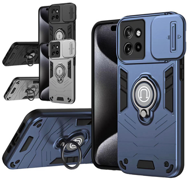 [Built-in Ring Bracket][With Slide Lens Cover] Motorola Moto G35 Mecha-style Anti-slip Protective Hard Heavy Duty Series Case