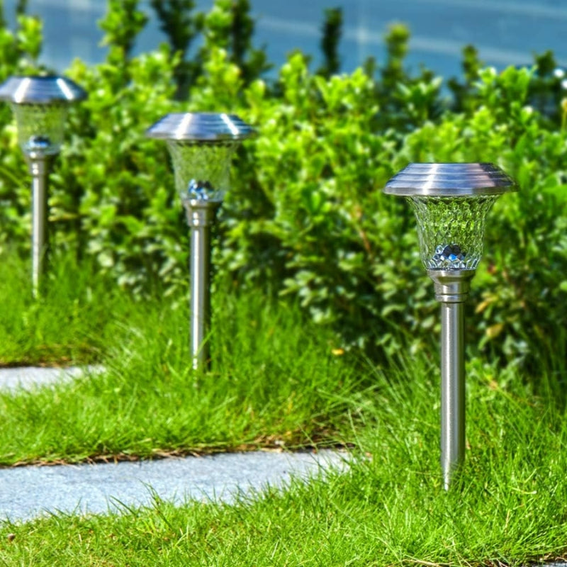 Chargez l&#39;image dans la visionneuse de la galerie, 4 Pack Solar Pathway Lights Warm yellow + Bright White Outdoor Garden Stake Glass LED Stainless Steel Waterproof Landscape Path Lighting for Yard Walkway Driveway Outside Silver
