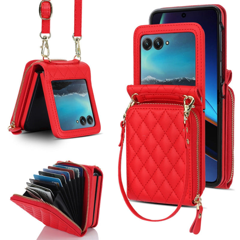 Cargue la imagen en el visor de la galería, [With Shoulder Strap] [With Card Slot] Motorola Razr 50/Ultra - PU leather Crossbody Wallet Style Shockproof Phone Case
