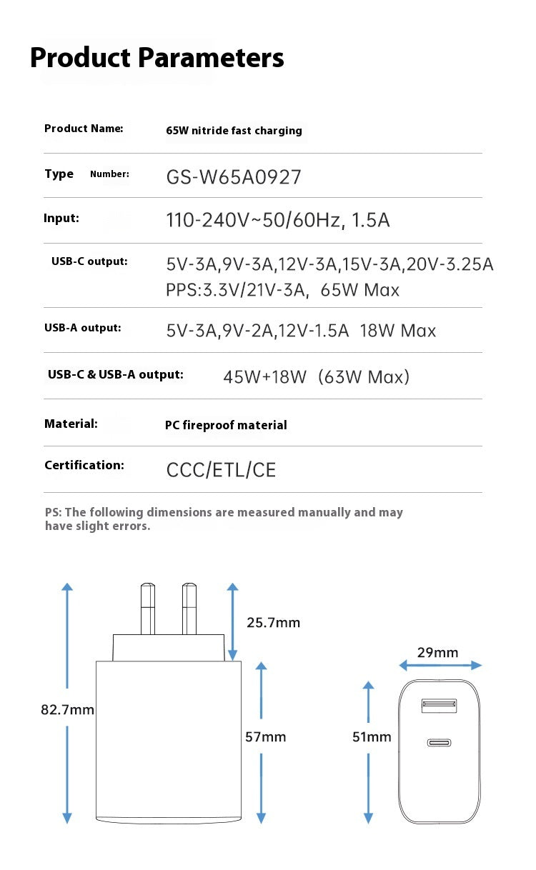 Cargue la imagen en el visor de la galería, 65W Max PD Type-C +QC 3.0 USB Dual Port iPhone 16 Wall Travelling Charger Adapter - (SAA Approved/AU Plug)
