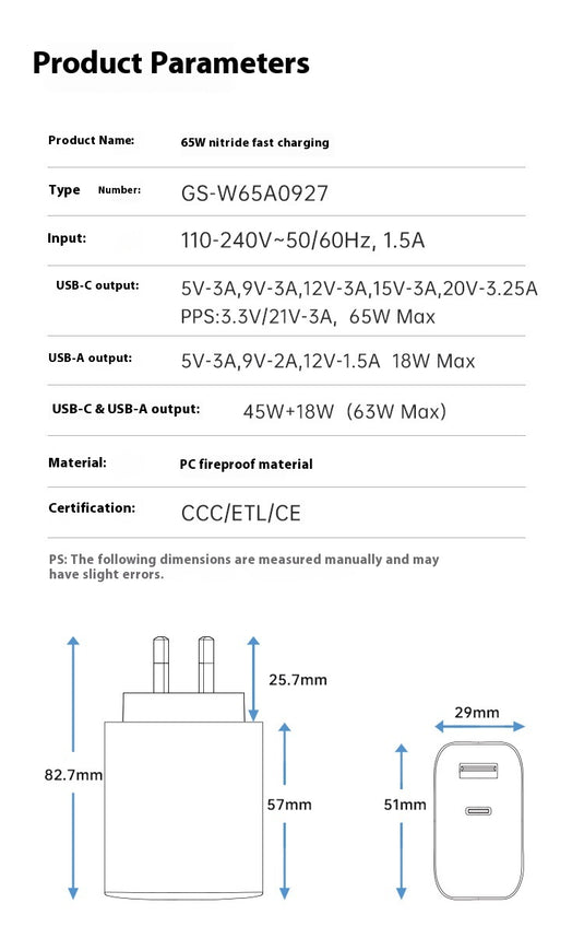 65W Max PD Type-C +QC 3.0 USB Dual Port iPhone 16 Wall Travelling Charger Adapter - (SAA Approved/AU Plug)