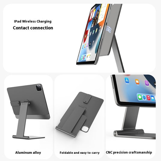 Magnetic wireless charging iPad stand with 18W contacts for charging magnetic tablets