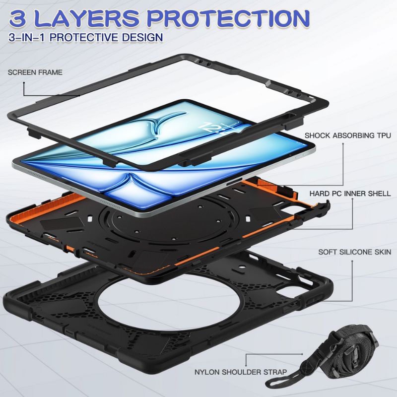 Cargue la imagen en el visor de la galería, Apple iPad Air 13 (2024) 13.0&quot; Heavy Duty Rugged Shockproof With Shoulder Strap &amp; Handle Stand Ring - Polar Tech Australia
