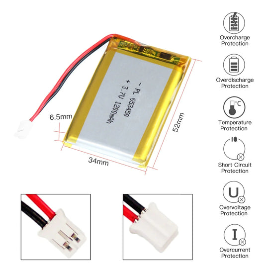 [PH2.0-JST Connector][653450] Universal 1200mAh 3.7V Rechargeable Li-I ...