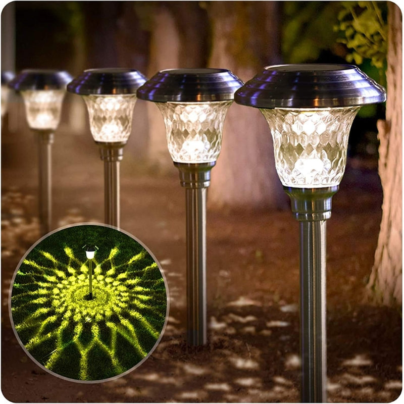 Load image into Gallery viewer, 4 Pack Solar Pathway Lights Warm yellow + Bright White Outdoor Garden Stake Glass LED Stainless Steel Waterproof Landscape Path Lighting for Yard Walkway Driveway Outside Silver
