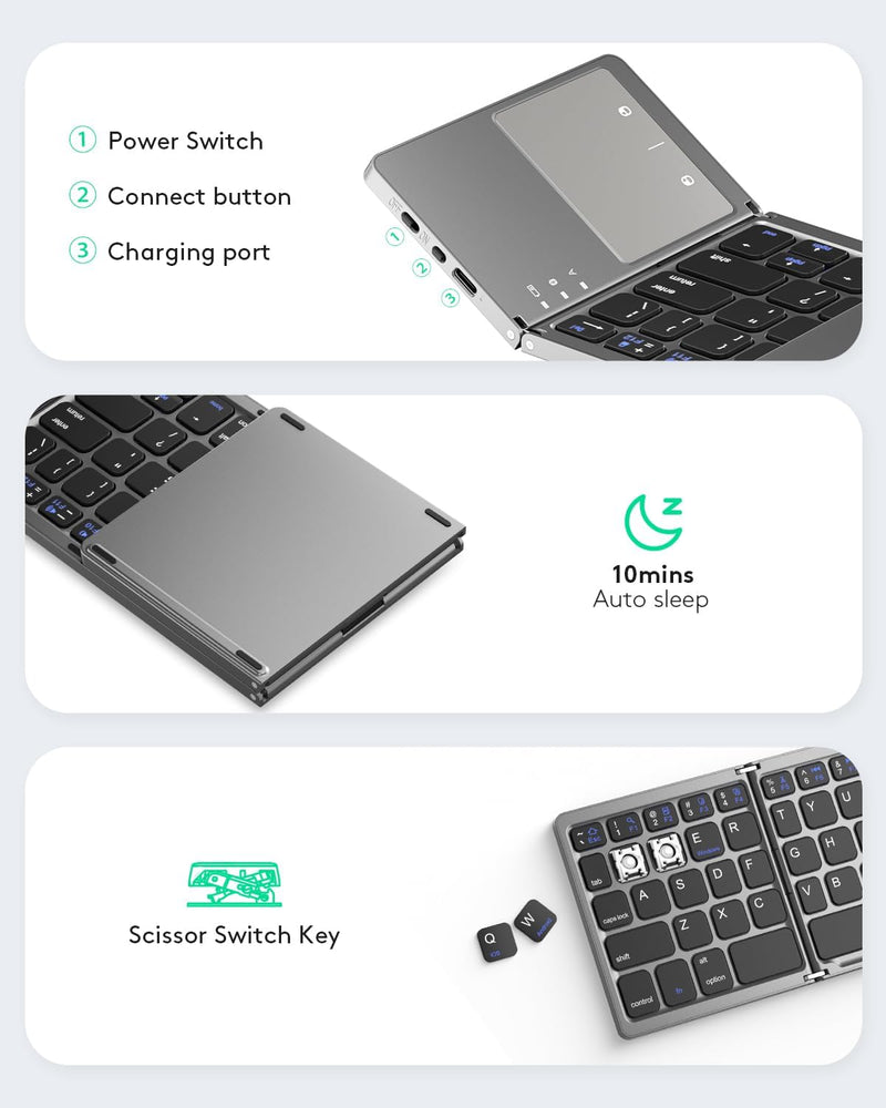 Chargez l&#39;image dans la visionneuse de la galerie, Foldable Bluetooth Keyboard with Touchpad Portable Wireless Keyboard , Rechargeable Full Size Ultra Slim Pocket Folding Keyboard for Android Windows iOS Tablet And Mobile Phone
