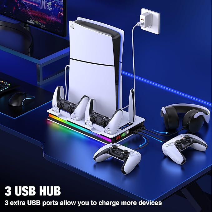 Cargue la imagen en el visor de la galería, SONY PlayStation PS5 Slim &amp; PS5 Pro - All-in-one Multifunction Charging Stand with Cooling Fan &amp; RBG Light Effect
