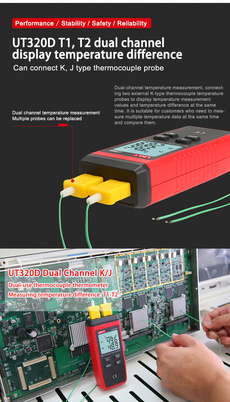 Chargez l&#39;image dans la visionneuse de la galerie, [UT320D] UNI-T Digital Thermometer Mini Dual Contact Thermocouple Type K J High Temperature Meter Tester -50℃ to 1300℃
