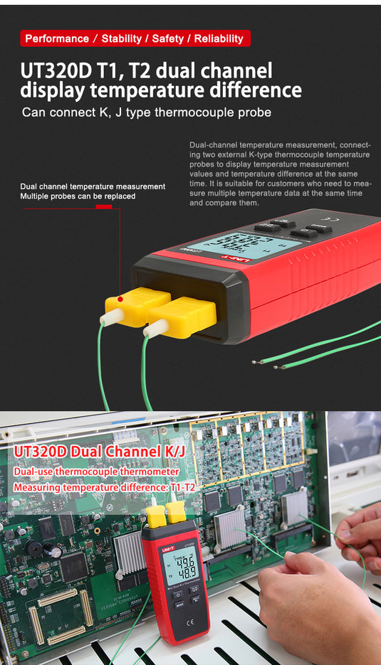 [UT320D] UNI-T Digital Thermometer Mini Dual Contact Thermocouple Type K J High Temperature Meter Tester -50℃ to 1300℃