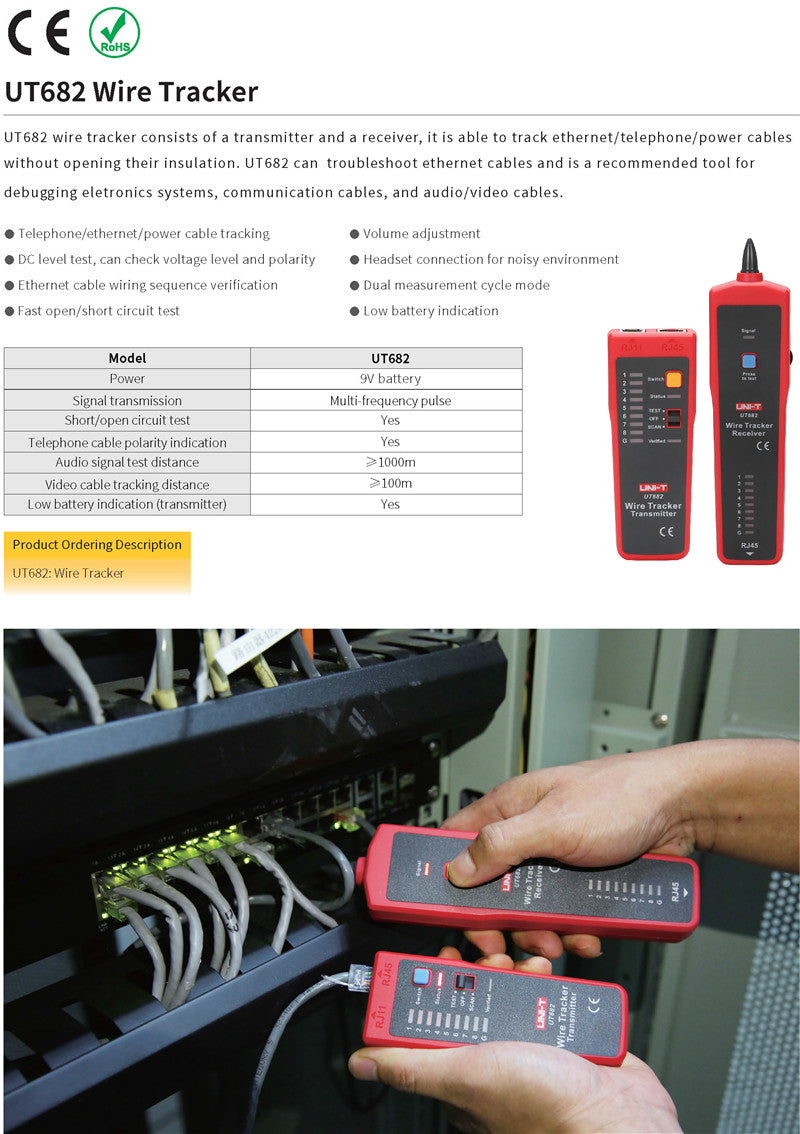 Cargue la imagen en el visor de la galería, [UT682] UNI-T Network Wire Tester Tracker RJ11 RJ45 Wire Line Finder Lan tester Handheld Cable Testing Tool for Network Maintenanc
