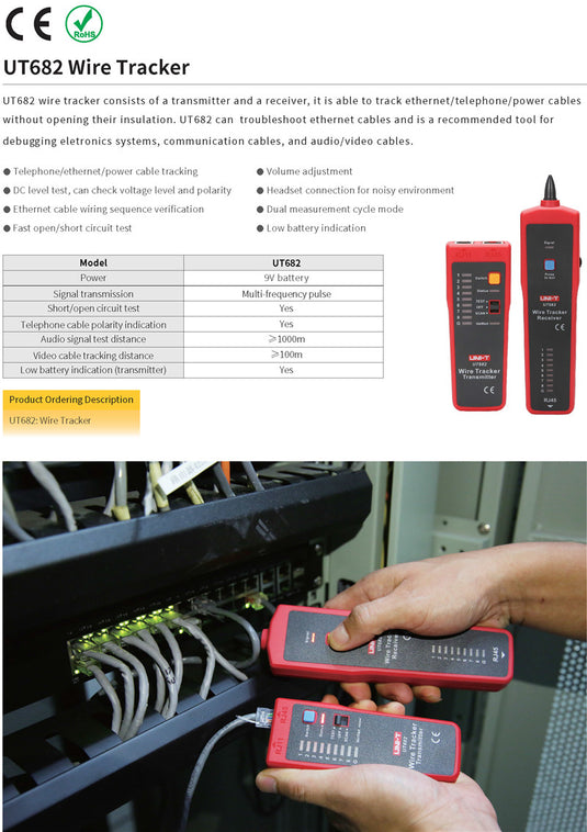 [UT682] UNI-T Network Wire Tester Tracker RJ11 RJ45 Wire Line Finder Lan tester Handheld Cable Testing Tool for Network Maintenanc