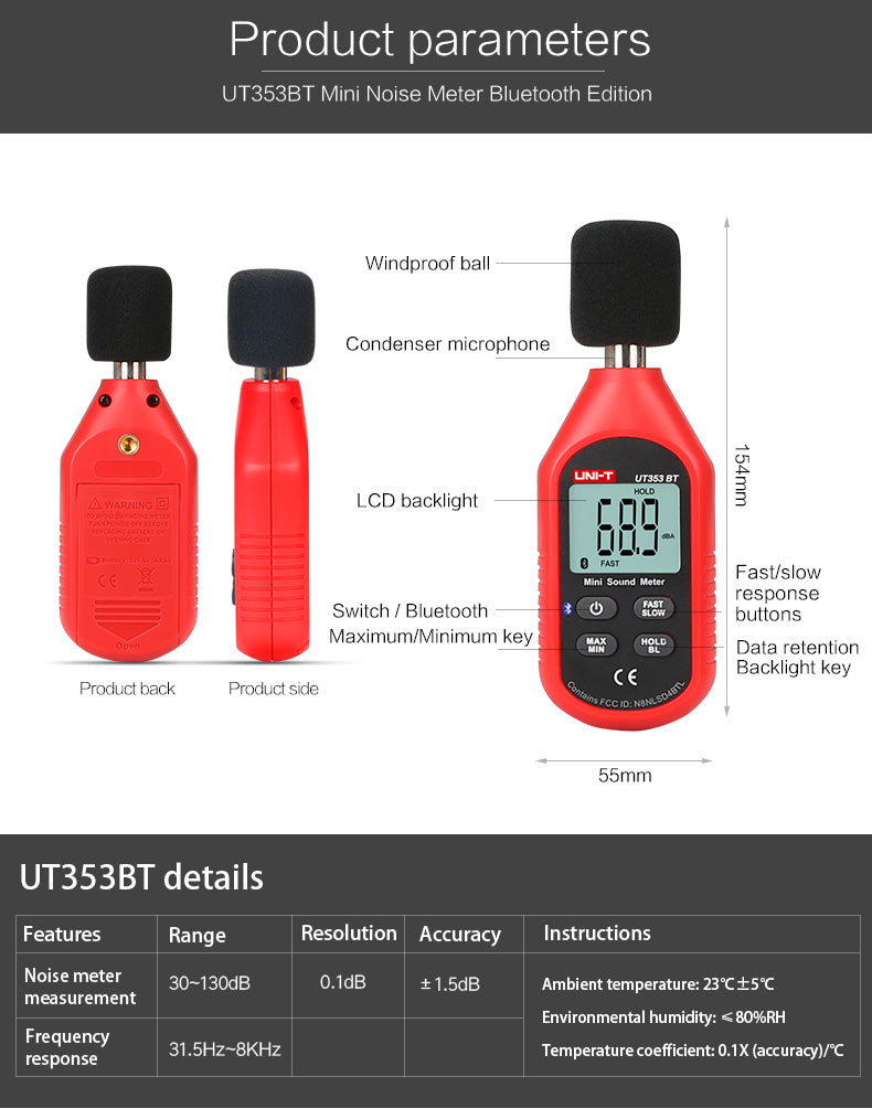 Cargue la imagen en el visor de la galería, [UT353BT] UNI-T Noise Measuring Instrument db Meter 30~130dB Mini Audio Sound Level Meter Decibel Monitor
