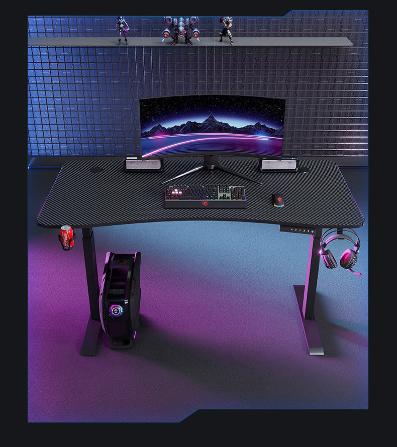 Chargez l&#39;image dans la visionneuse de la galerie, [Motorized Adjustable] Large Gaming Desk Table with RBG LED Lights Carbon Fiber Surface with Cup Holder &amp; Headphone Hook - Polar Tech Australia
