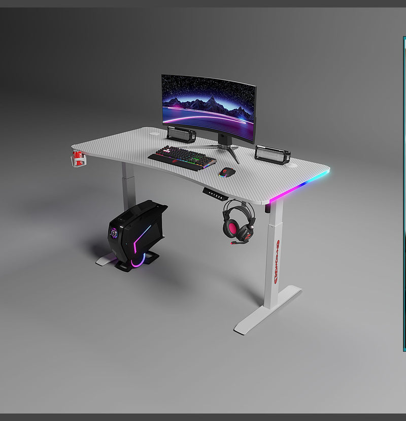 Chargez l&#39;image dans la visionneuse de la galerie, [Motorized Adjustable] Large Gaming Desk Table with RBG LED Lights Carbon Fiber Surface with Cup Holder &amp; Headphone Hook - Polar Tech Australia
