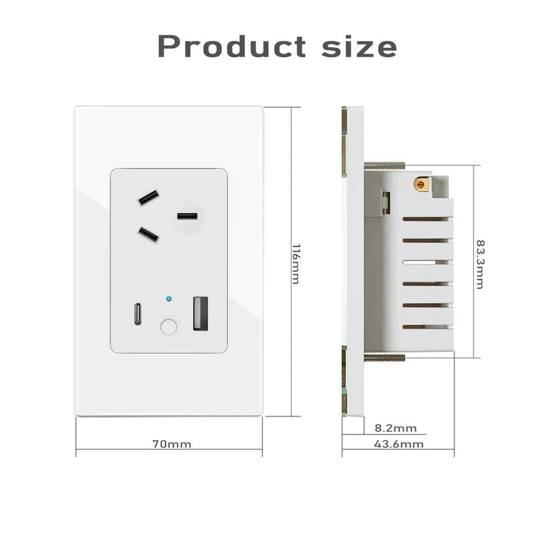 Chargez l&#39;image dans la visionneuse de la galerie, [TUYA Smart Home] TUYA WiFi Smart 10A Wall Power Socket Outlet Glass Panel 1 Plug With 1 x USB &amp; 1 x PD 30W Port - Polar Tech Australia
