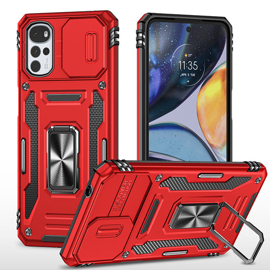 [Magnetic Rotable Kickstand][Slide Camera Cover] Motorola Moto G22 - Shield Shockproof Rugged Heavy Duty Case With 2PC Tempered Glass Screen Protector