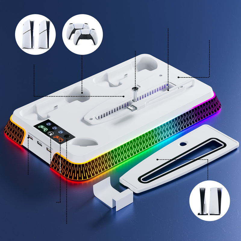 Cargue la imagen en el visor de la galería, SONY PlayStation PS5 Slim &amp; PS5 Pro - All-in-one Multifunction Charging Stand with Cooling Fan &amp; RBG Light Effect
