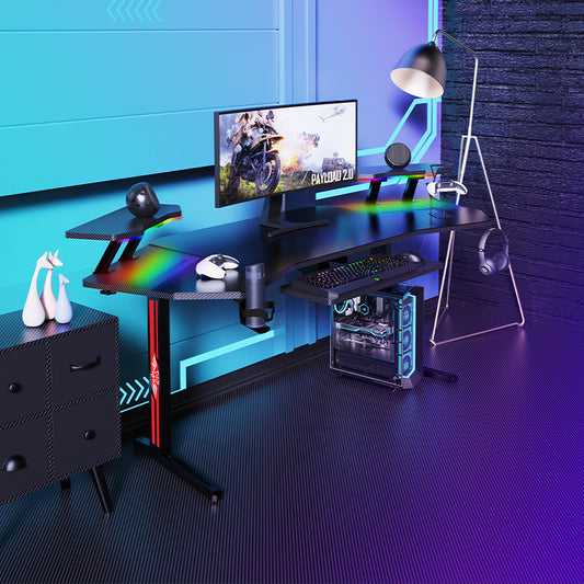 Ultra Wide Large Gaming Desk with RBG LED Lights Carbon Fiber Surface with Cup Holder & Headphone Hook - Polar Tech Australia