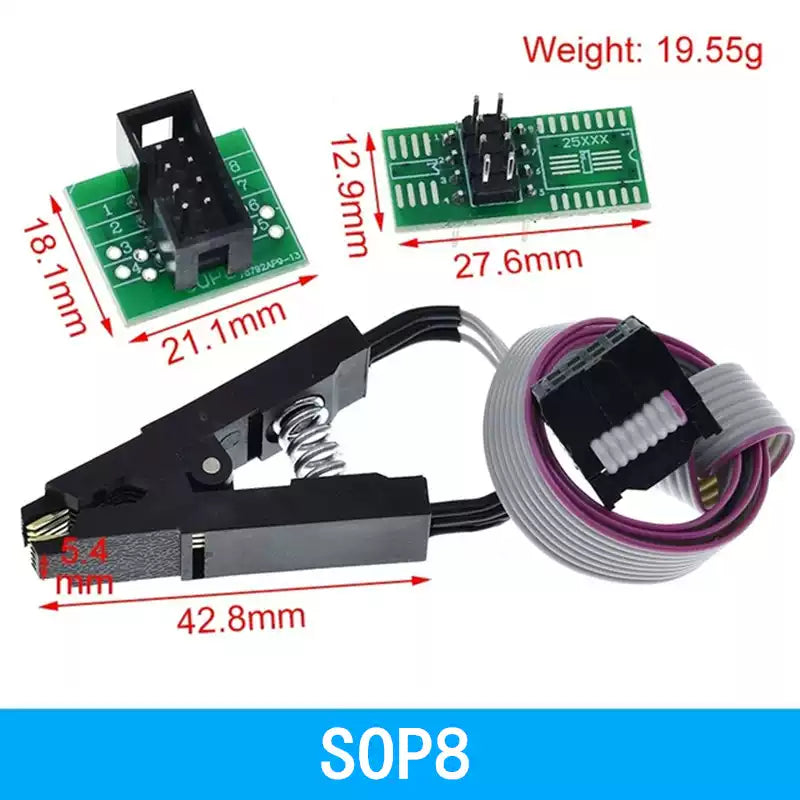 Chargez l&#39;image dans la visionneuse de la galerie, [CH341A]  [8 in 1] BIOS Programmer Set (1.8V / 3.3V / 5V) SPI Flash USB Programming Module + SOIC8/SOP8 Test Clip
