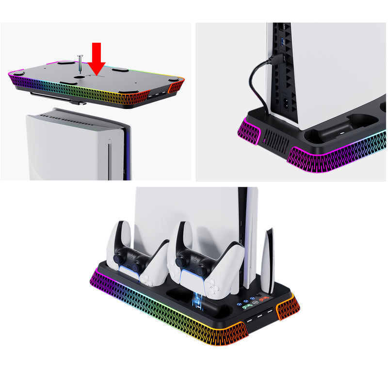 Cargue la imagen en el visor de la galería, SONY PlayStation PS5 Slim &amp; PS5 Pro - All-in-one Multifunction Charging Stand with Cooling Fan &amp; RBG Light Effect
