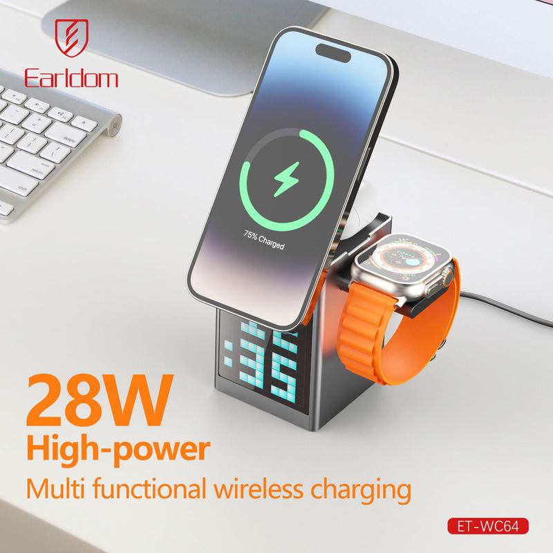 Cargue la imagen en el visor de la galería, [WC14][Built-In LCD] 5 in 1 Earldom Aluminum Stand Alarm Clock QI 15W MagSafe Wireless Charging Magnet Stand
