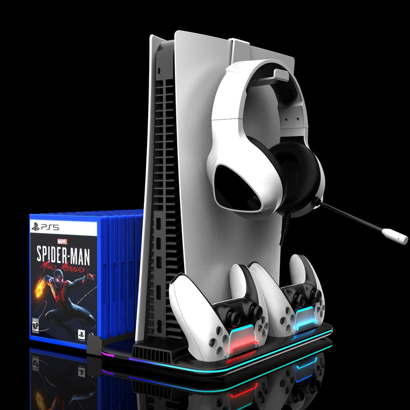 Cargue la imagen en el visor de la galería, SONY PlayStation PS5 Slim &amp; PS5 Pro - All-in-one Multifunction Charging Stand with Cooling Fan &amp; RBG Light Effect &amp; Disc Storage
