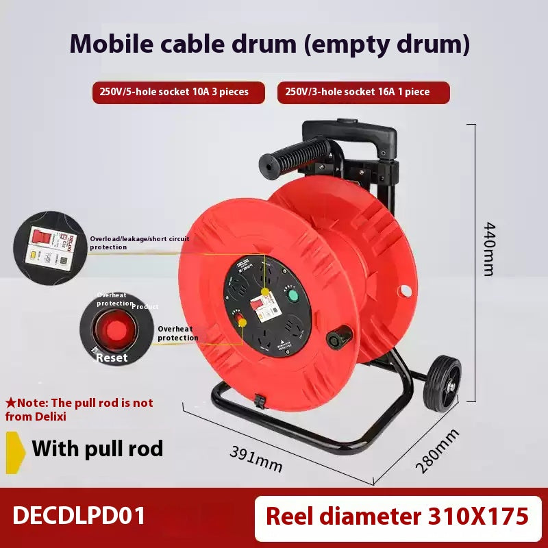 Cargue la imagen en el visor de la galería, [DECDLPD01] [Excludes Cable] DELIXI Mobile Cable Reel Drum Movable Cable Tray with Multiple Outlets and Overcurrent Protection
