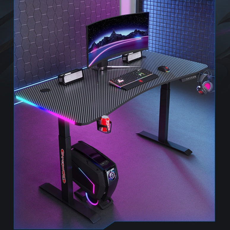 Chargez l&#39;image dans la visionneuse de la galerie, [Motorized Adjustable] Large Gaming Desk Table with RBG LED Lights Carbon Fiber Surface with Cup Holder &amp; Headphone Hook - Polar Tech Australia
