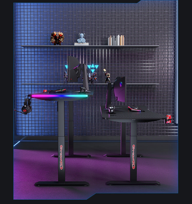 Cargue la imagen en el visor de la galería, [Motorized Adjustable] Large Gaming Desk Table with RBG LED Lights Carbon Fiber Surface with Cup Holder &amp; Headphone Hook - Polar Tech Australia
