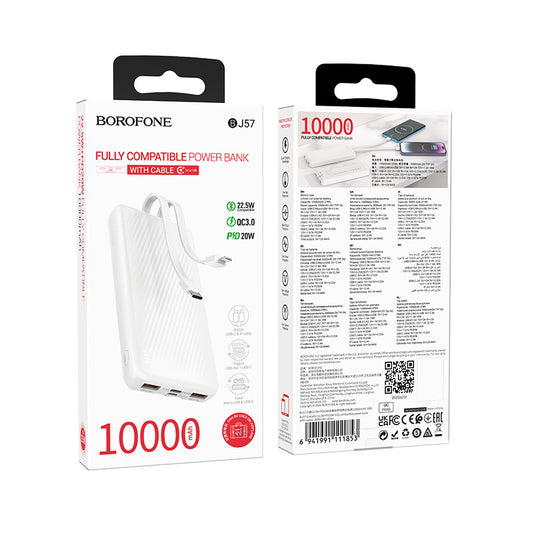 [BJ57][10000mAh] BOROFONE Graceful 22.5W+PD20W fully compatible power bank with cable white - Polar Tech Australia