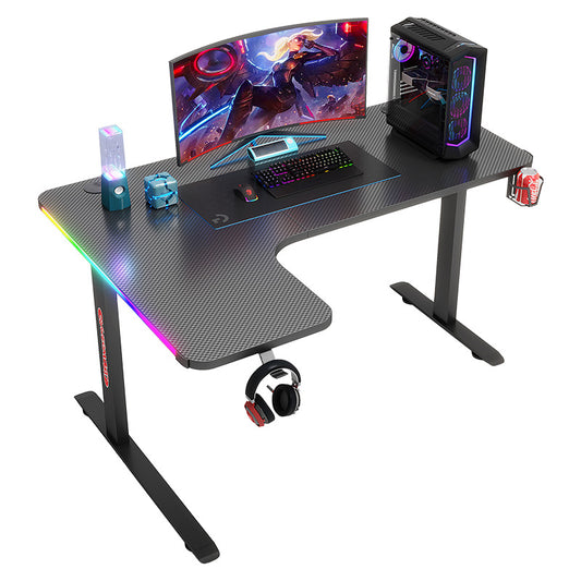 Large Left Corner Gaming Desk with RBG LED Lights Carbon Fiber Surface with Cup Holder & Headphone Hook - Polar Tech Australia