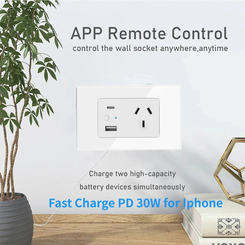 Chargez l&#39;image dans la visionneuse de la galerie, [TUYA Smart Home] TUYA WiFi Smart 10A Wall Power Socket Outlet Glass Panel 1 Plug With 1 x USB &amp; 1 x PD 30W Port - Polar Tech Australia
