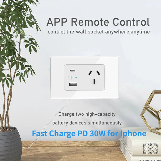 [TUYA Smart Home] TUYA WiFi Smart 10A Wall Power Socket Outlet Glass Panel 1 Plug With 1 x USB & 1 x PD 30W Port - Polar Tech Australia