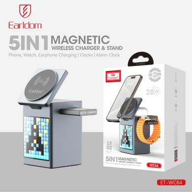 [WC14][Built-In LCD] 5 in 1 Earldom Aluminum Stand Alarm Clock QI 15W MagSafe Wireless Charging Magnet Stand