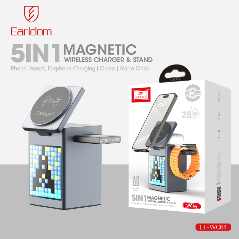 Cargue la imagen en el visor de la galería, [WC14][Built-In LCD] 5 in 1 Earldom Aluminum Stand Alarm Clock QI 15W MagSafe Wireless Charging Magnet Stand
