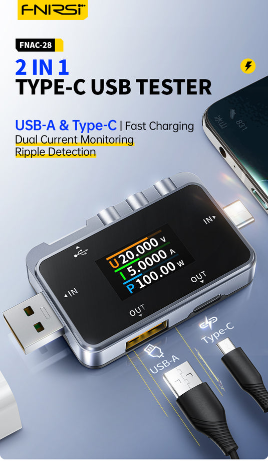 [FNAC-28] FNIRSI 2 IN 1 Type-C USB Tester Digital Voltmeter Ammeter Amperimetor Voltage Current Meter Power Bank Charger Measure