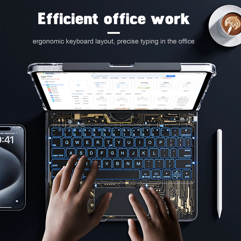 Cargue la imagen en el visor de la galería, Apple iPad Pro 3/4/5/6 12.9&quot; &amp; Air 6 13” -180 Degree Rotation Magic Cyberpunk Style Transparent Keyboard Case - Polar Tech Australia
