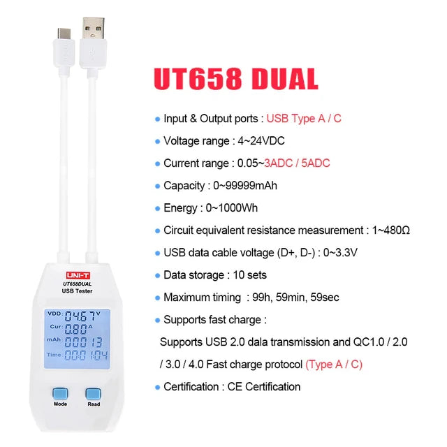 Load image into Gallery viewer, [UT658DUAL] UNI-T USB Tester Charger Type A/C Fast Charge Current Capacity Energy Resistance Tester USB Power Meter
