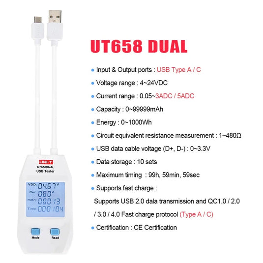 [UT658DUAL] UNI-T USB Tester Charger Type A/C Fast Charge Current Capacity Energy Resistance Tester USB Power Meter