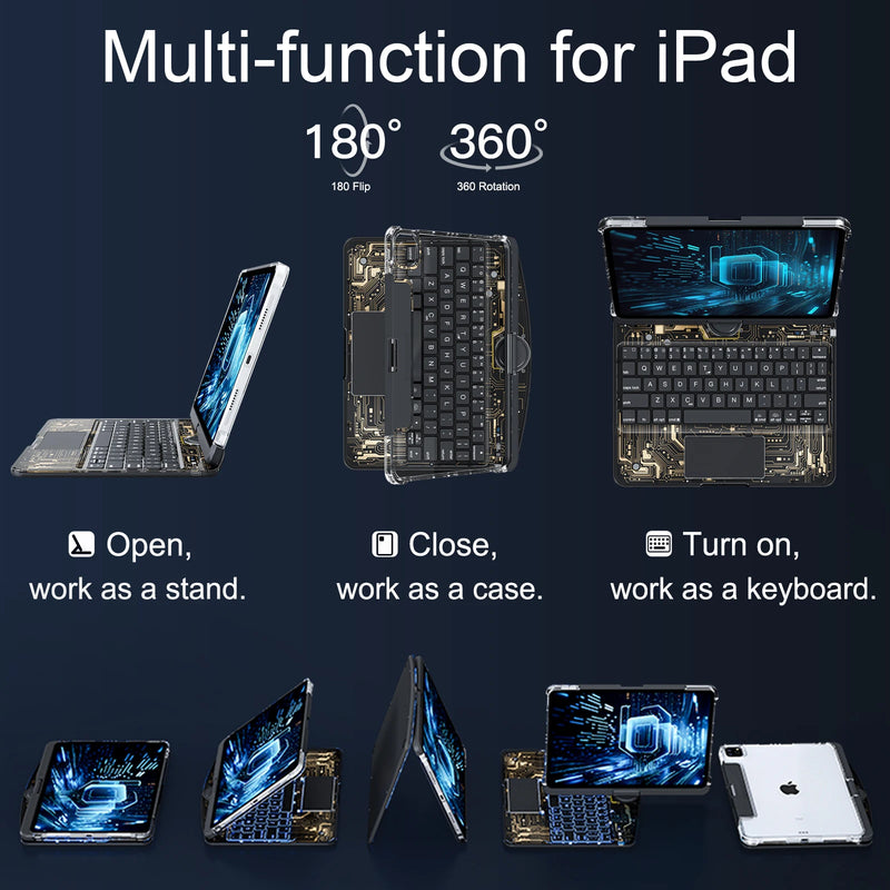 Cargue la imagen en el visor de la galería, Apple iPad Pro 3/4/5/6 12.9&quot; &amp; Air 6 13” -180 Degree Rotation Magic Cyberpunk Style Transparent Keyboard Case - Polar Tech Australia
