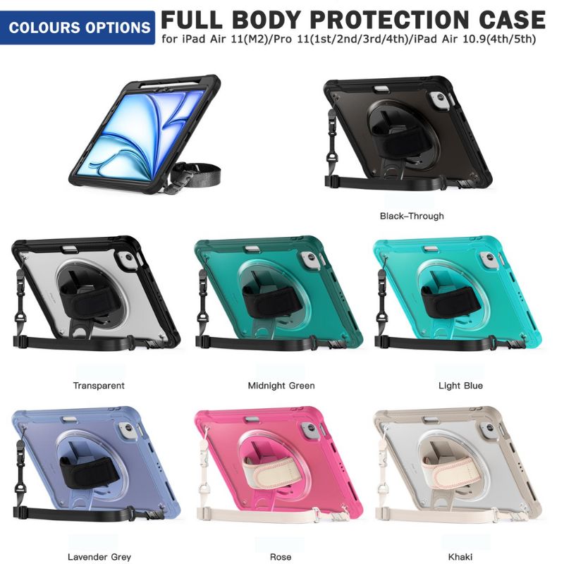 Cargue la imagen en el visor de la galería, Apple iPad Air 2024 6/6th 11&#39;&#39; &amp; Pro 1/2/3/4 11&#39;&#39; &amp; iPad 4/5 Air 10.9&#39;&#39; - 360 Degree Rotate Shockproof Heavy Duty Tough Stand Case Cover With Strap &amp; Pen Holder - Polar Tech Australia
