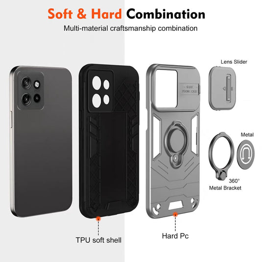 [Built-in Ring Bracket][With Slide Lens Cover] Motorola Moto G13/23 Mecha-style Anti-slip Protective Hard Heavy Duty Series Case