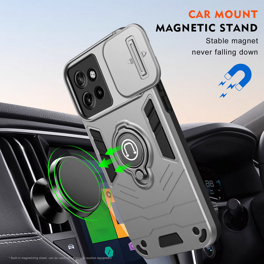 [Built-in Ring Bracket][With Slide Lens Cover] Motorola Moto G35 Mecha-style Anti-slip Protective Hard Heavy Duty Series Case