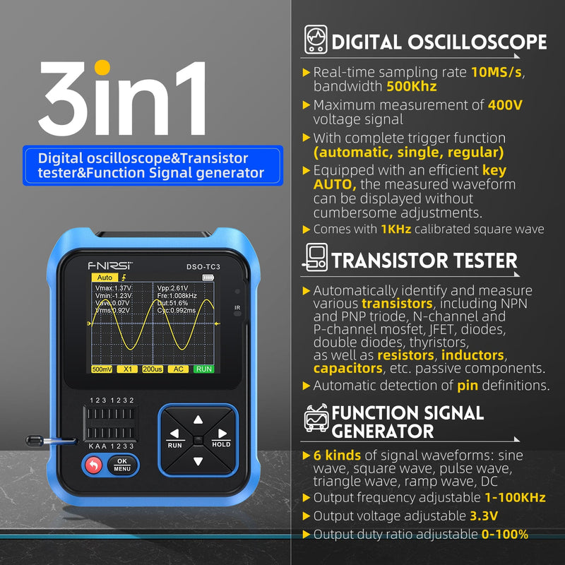 Load image into Gallery viewer, [DSO-TC3] FNIRSI Digital Oscilloscope Transistor Tester Signal Generator 3 in1 500Khz 10MSa/s Capacitor Resistor Diode 100K output
