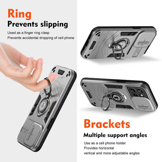 [Built-in Ring Bracket][With Slide Lens Cover] Motorola Moto G35 Mecha-style Anti-slip Protective Hard Heavy Duty Series Case