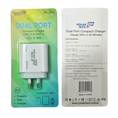 [PT-20W] Adaptateur de chargeur de voyage mural double port USB 20 W PD Type-C + QC 3.0 – (approuvé SAA/prise AU)